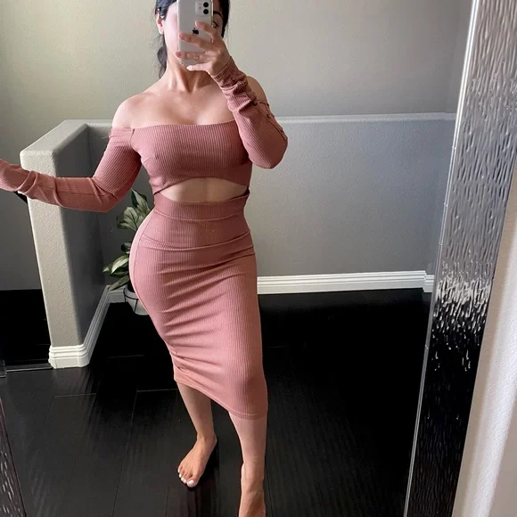 chinese dress ladies Chocolate Ribbed Knit Plunge Neck Long Sleeve Midi Dress + Bralette
